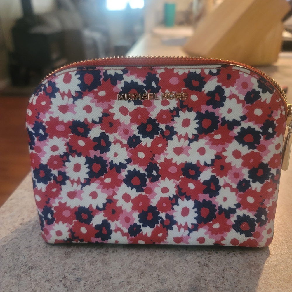 Michael Kors Red and Blue Cosmetic Bags with Vibrant Floral Design